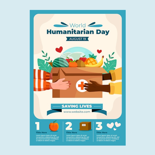 Плоский шаблон плаката всемирного дня гуманитарной помощи с руками, держащими коробку для пожертвований