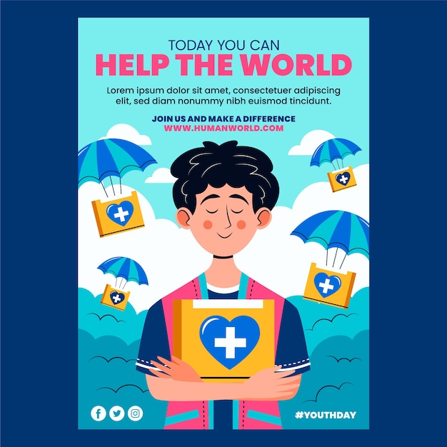 Плоский шаблон плаката Всемирного дня гуманитарной помощи с мужчиной, держащим коробку помощи