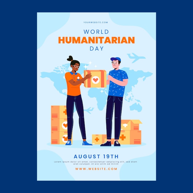 Vettore gratuito modello di poster verticale per la giornata mondiale umanitaria piatta