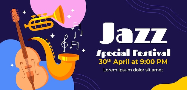 Vettore gratuito modello di banner orizzontale della giornata mondiale del jazz piatto