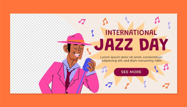 Vettore gratuito modello di banner orizzontale della giornata mondiale del jazz piatto