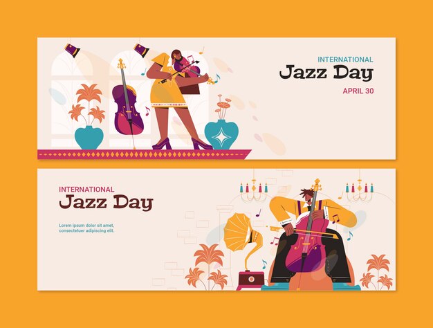 Flat world jazz day horizontal banner template