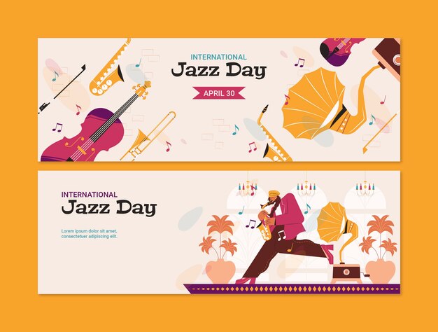 Flat world jazz day horizontal banner template