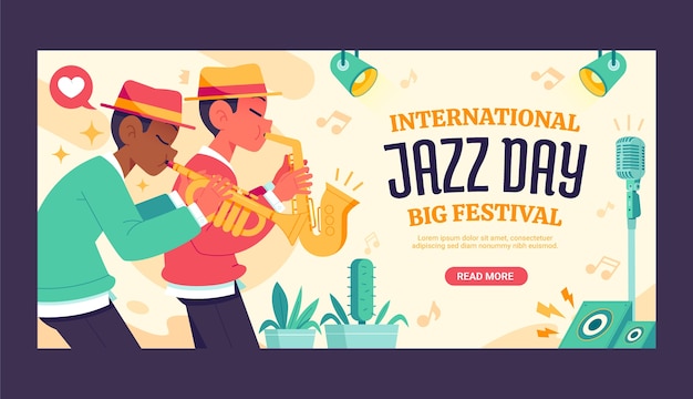 Vettore gratuito modello di banner orizzontale della giornata mondiale del jazz piatto