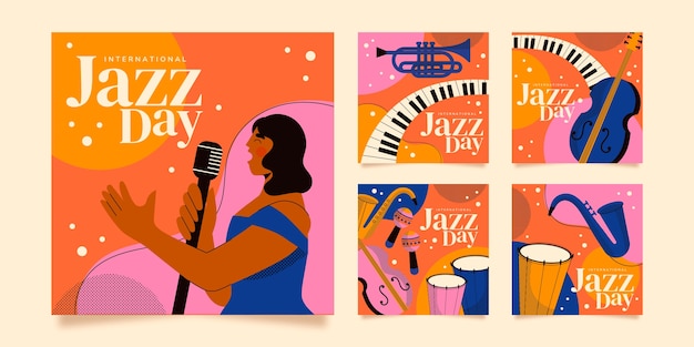 Free vector flat world jazz day instagram posts collection