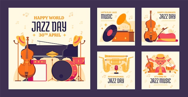 Бесплатное векторное изображение Коллекция постов в инстаграме дня плоского мира джаза