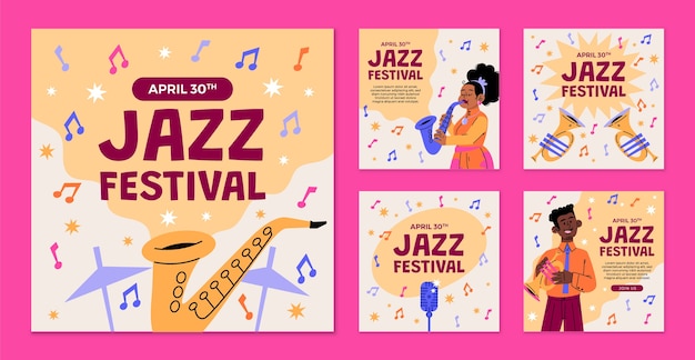 Free vector flat world jazz day instagram posts collection