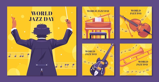 Vettore gratuito collezione di post su instagram per il flat world jazz day