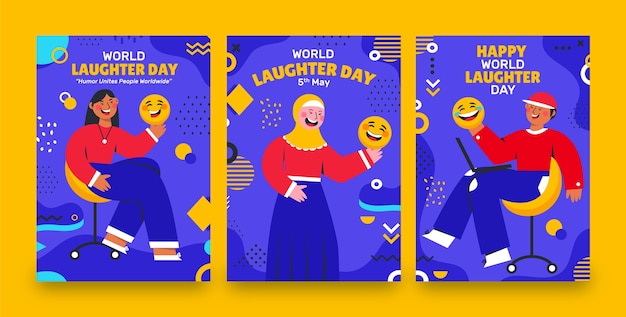 Flat world laughter day greeting cards collection