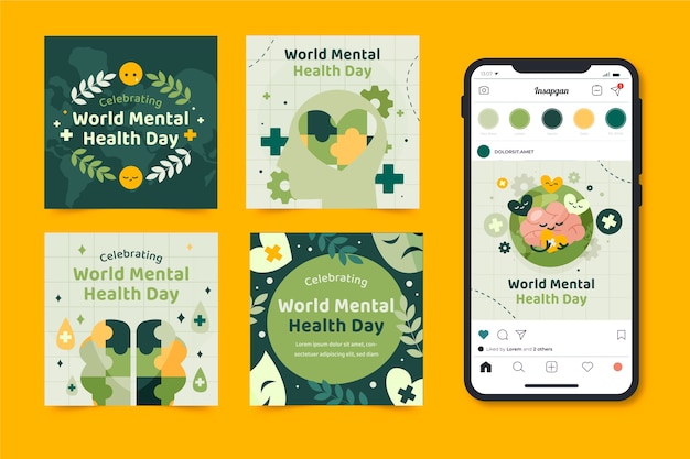 Free vector flat world mental health day instagram posts collection