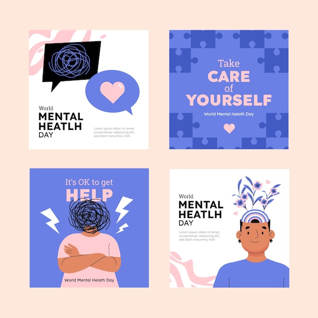 Free vector flat world mental health day instagram posts collection