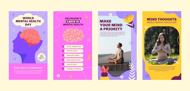 Free vector flat world mental health day instagram stories collection