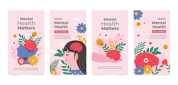 Flat world mental health day instagram stories collection