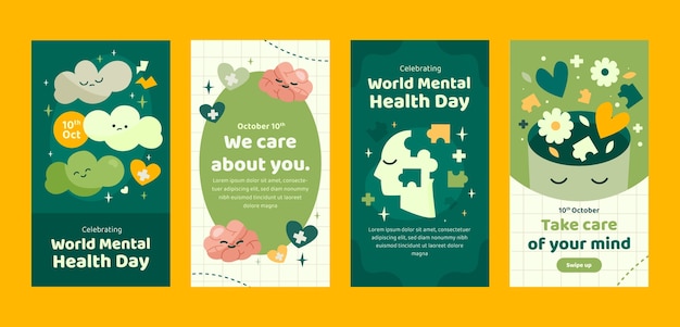 Flat world mental health day instagram stories collection