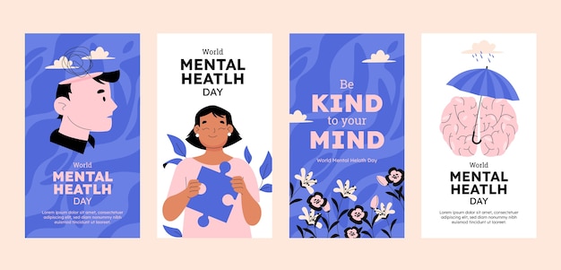 Free vector flat world mental health day instagram stories collection