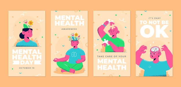 Flat world mental health day instagram stories collection