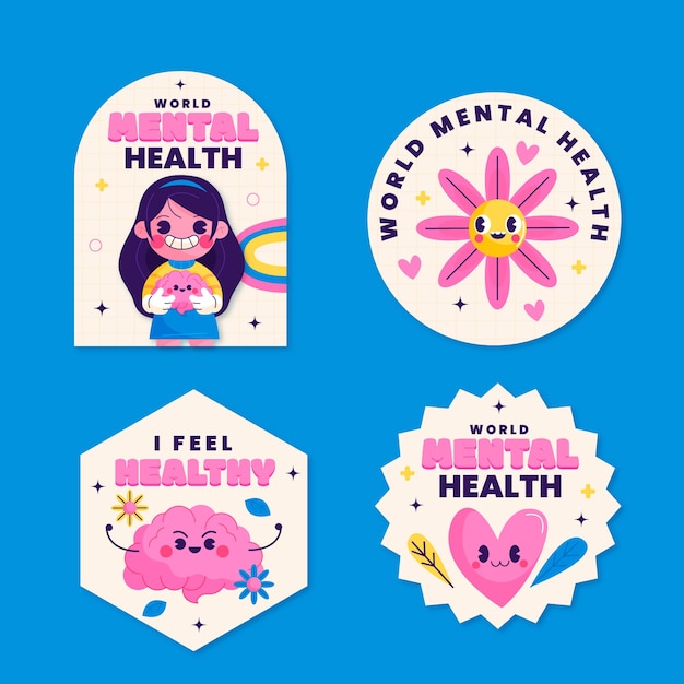 Flat  world mental health day labels collection