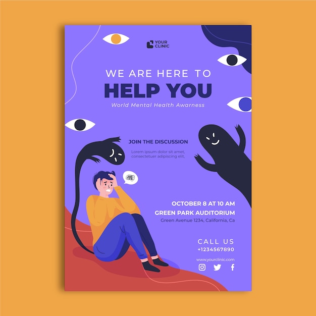 Free vector flat world mental health day vertical flyer template