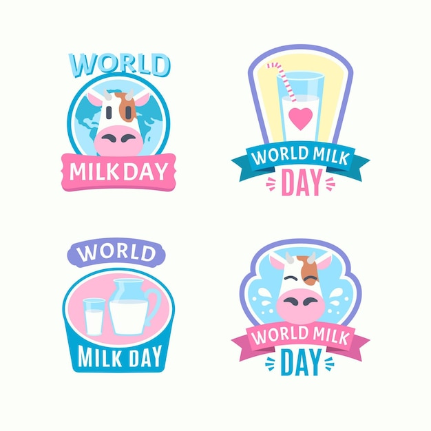 Vettore gratuito collezione di badge per la giornata mondiale del latte piatto