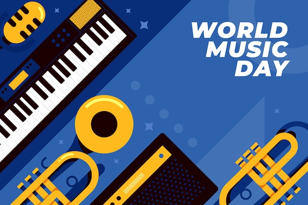 Flat world music day background with musical instruments