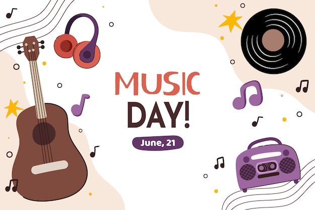 Free vector flat world music day background with radio and guitar