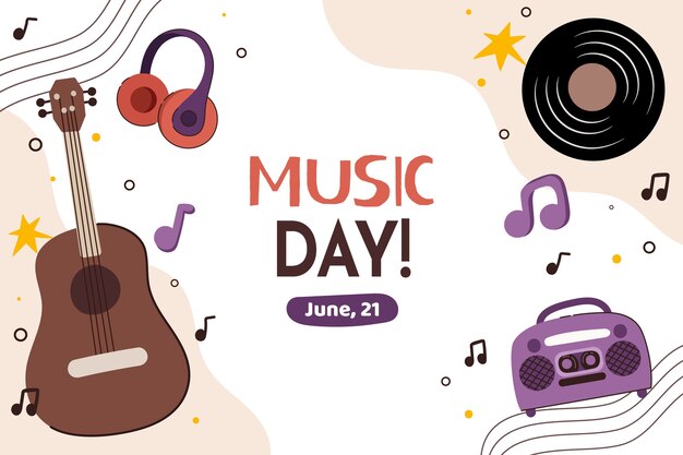 Flat world music day background with radio and guitar