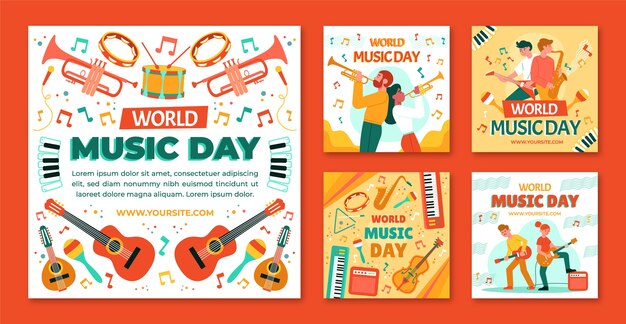 Free vector flat world music day instagram posts collection