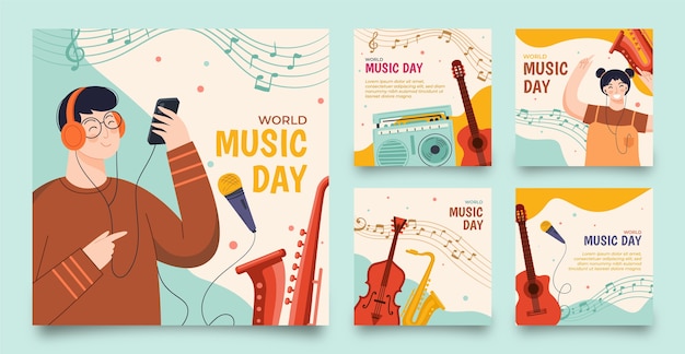 Free vector flat world music day instagram posts collection