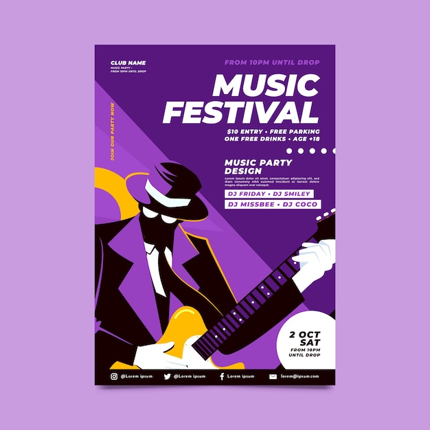 Flat world music day vertical poster template with musician playing guitar