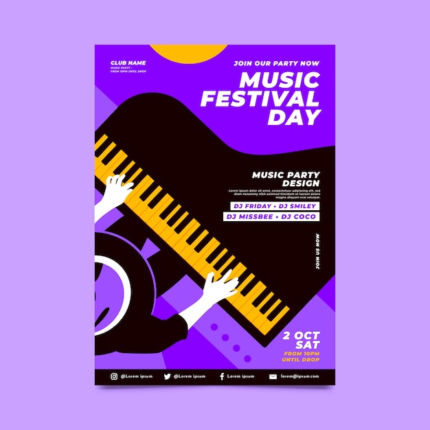 Vettore gratuito modello di poster verticale per la giornata mondiale della musica piatta con pianoforte