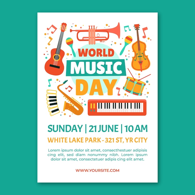 Free vector flat world music day vertical poster template