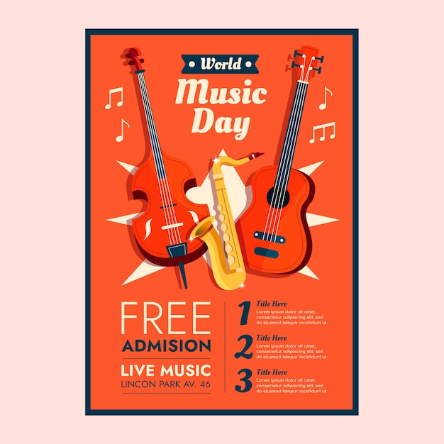 Flat world music day vertical poster template