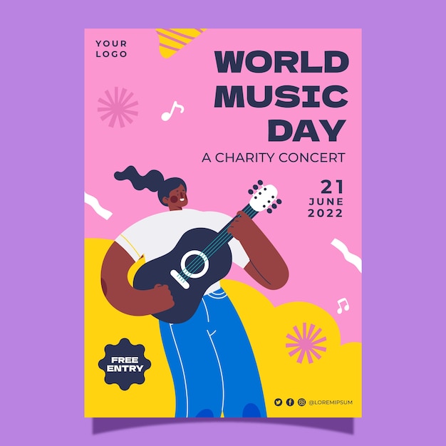 Free vector flat world music day vertical poster template