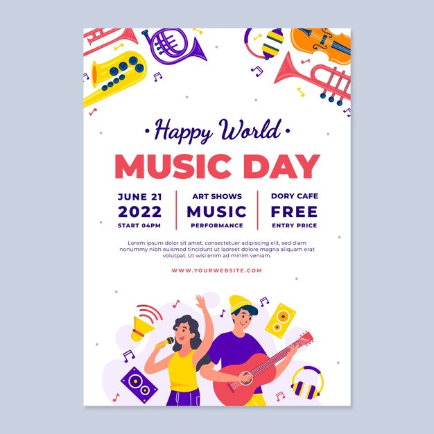 Flat world music day vertical poster template