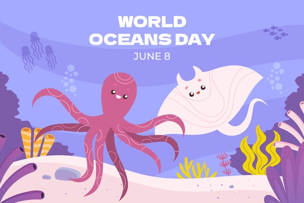 Flat world oceans day background with octopus and stingray