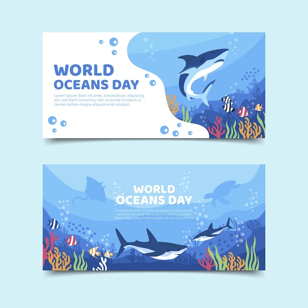 Flat world oceans day banners set