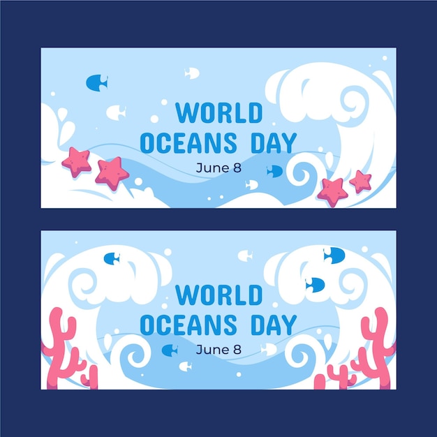 Flat world oceans day banners set