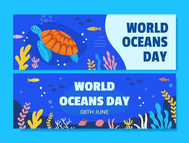 Free vector flat world oceans day horizontal banner template