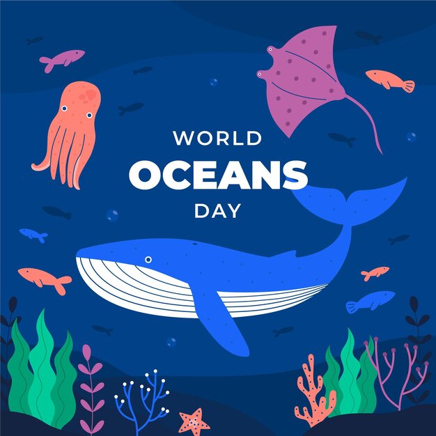 Flat world oceans day illustration