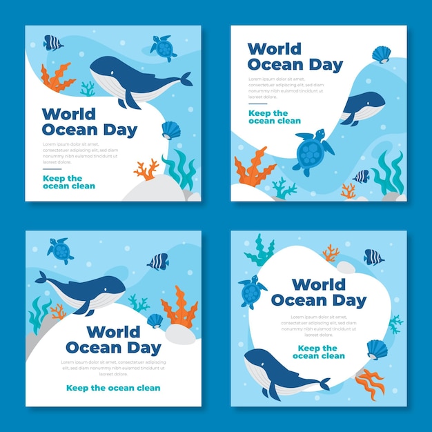 Flat world oceans day instagram posts collection