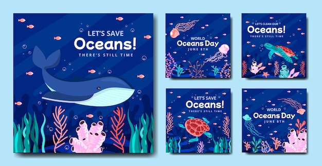 Free vector flat world oceans day instagram posts collection