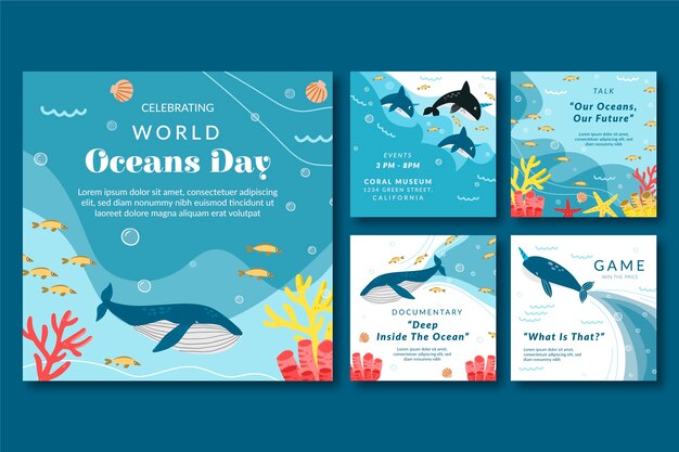 Flat world oceans day instagram posts collection