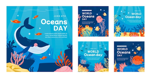Flat world oceans day instagram posts collection
