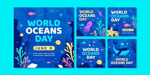 Плоский всемирный день океанов коллекция сообщений instagram