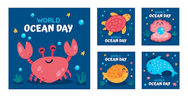 Flat world oceans day instagram posts collection