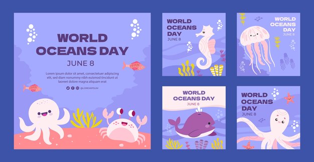 Flat world oceans day instagram posts collection