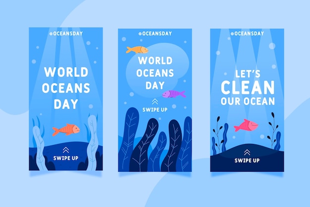 Free vector flat world oceans day instagram stories collection