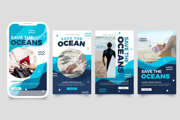 Flat world oceans day instagram stories collection