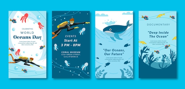 Vettore gratuito raccolta di storie di instagram per la giornata mondiale degli oceani