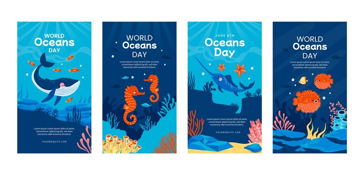Free Vector flat world oceans day instagram stories collection